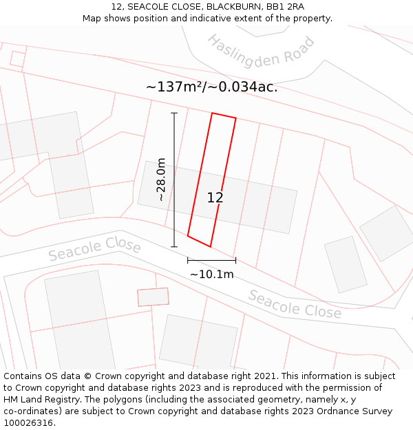 12, SEACOLE CLOSE, BLACKBURN, BB1 2RA: Plot and title map