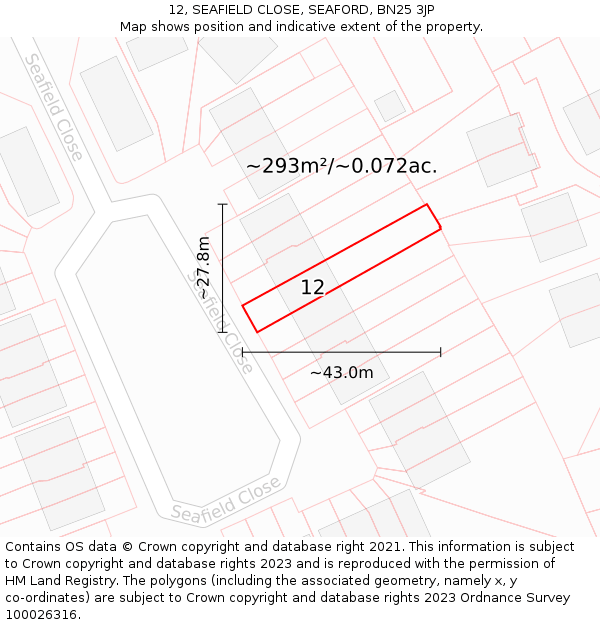 12, SEAFIELD CLOSE, SEAFORD, BN25 3JP: Plot and title map