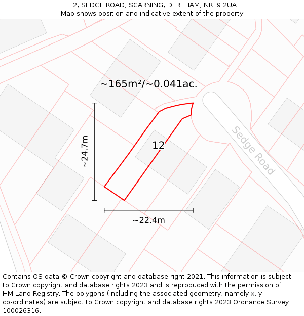12, SEDGE ROAD, SCARNING, DEREHAM, NR19 2UA: Plot and title map
