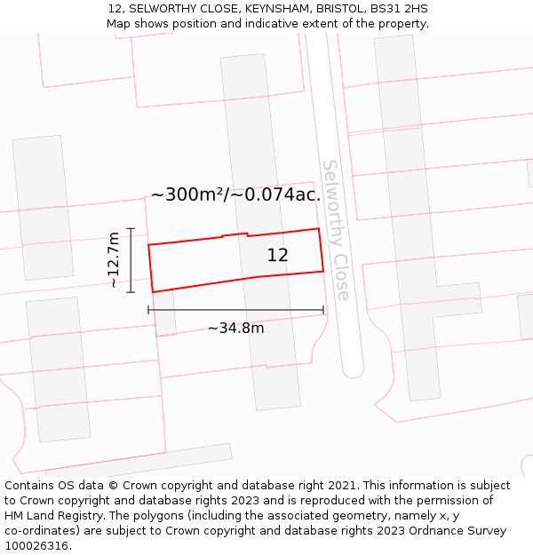 12, SELWORTHY CLOSE, KEYNSHAM, BRISTOL, BS31 2HS: Plot and title map
