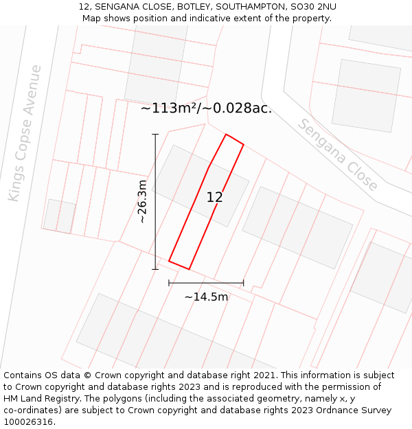 12, SENGANA CLOSE, BOTLEY, SOUTHAMPTON, SO30 2NU: Plot and title map
