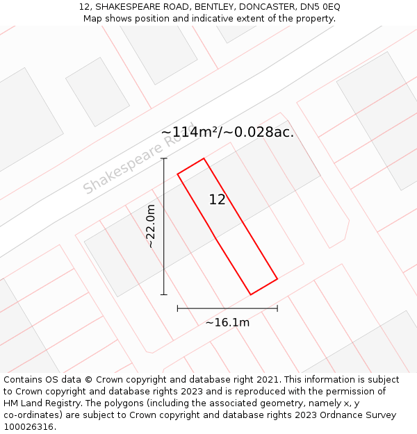 12, SHAKESPEARE ROAD, BENTLEY, DONCASTER, DN5 0EQ: Plot and title map