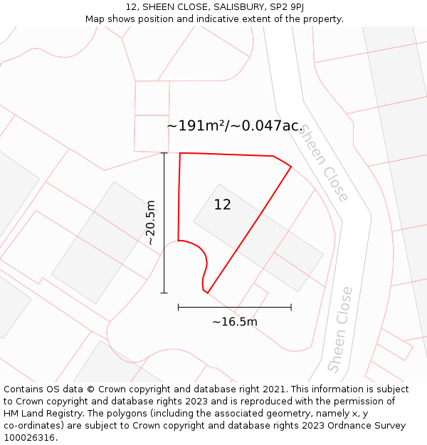 12, SHEEN CLOSE, SALISBURY, SP2 9PJ: Plot and title map