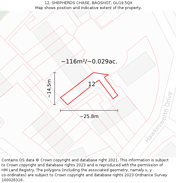 12, SHEPHERDS CHASE, BAGSHOT, GU19 5QX: Plot and title map