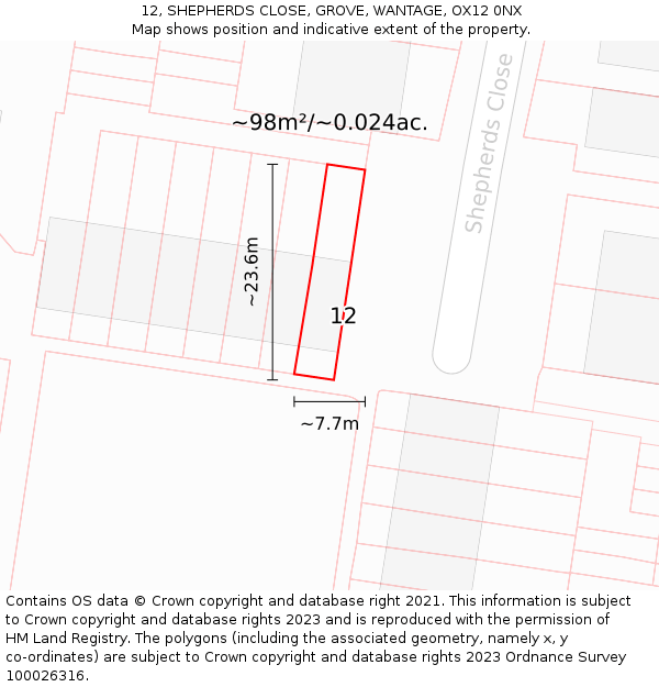 12, SHEPHERDS CLOSE, GROVE, WANTAGE, OX12 0NX: Plot and title map