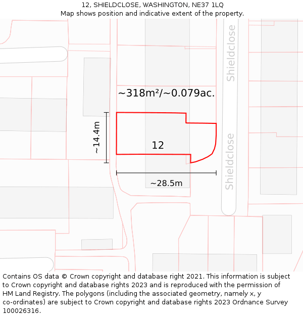 12, SHIELDCLOSE, WASHINGTON, NE37 1LQ: Plot and title map