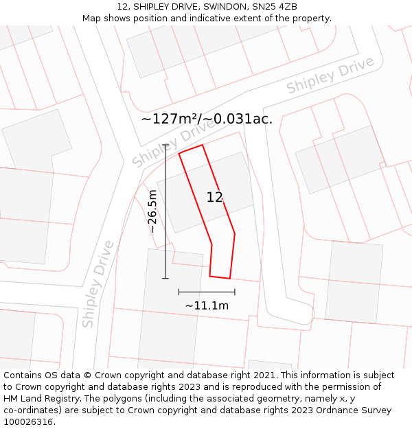 12, SHIPLEY DRIVE, SWINDON, SN25 4ZB: Plot and title map
