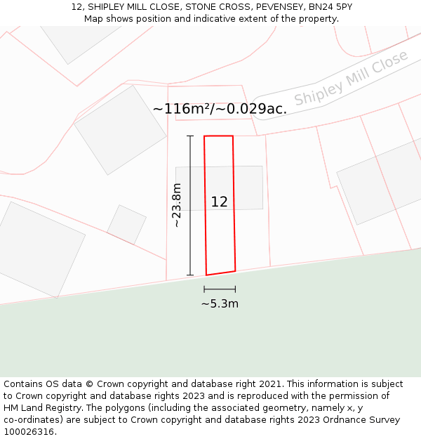 12, SHIPLEY MILL CLOSE, STONE CROSS, PEVENSEY, BN24 5PY: Plot and title map
