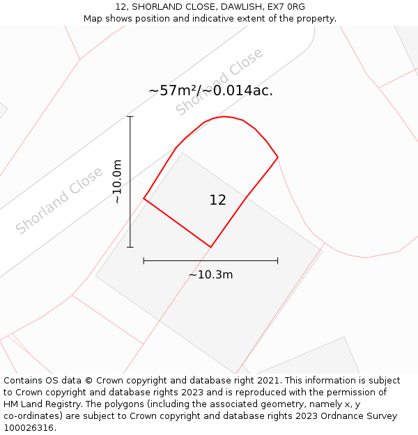12, SHORLAND CLOSE, DAWLISH, EX7 0RG: Plot and title map