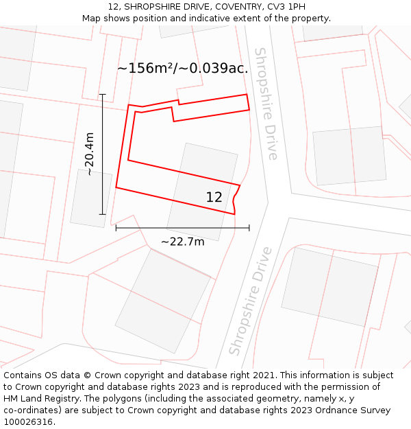 12, SHROPSHIRE DRIVE, COVENTRY, CV3 1PH: Plot and title map