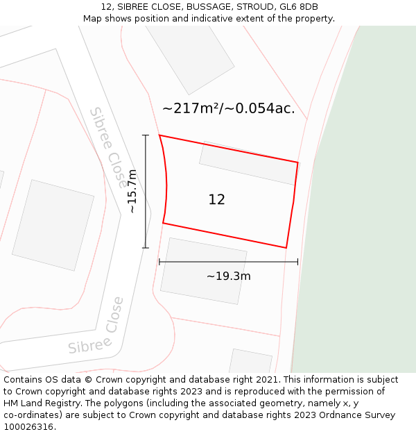 12, SIBREE CLOSE, BUSSAGE, STROUD, GL6 8DB: Plot and title map