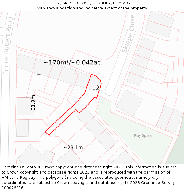 12, SKIPPE CLOSE, LEDBURY, HR8 2FG: Plot and title map