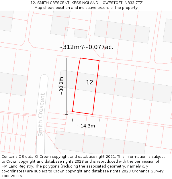 12, SMITH CRESCENT, KESSINGLAND, LOWESTOFT, NR33 7TZ: Plot and title map