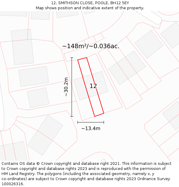 12, SMITHSON CLOSE, POOLE, BH12 5EY: Plot and title map