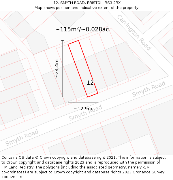 12, SMYTH ROAD, BRISTOL, BS3 2BX: Plot and title map