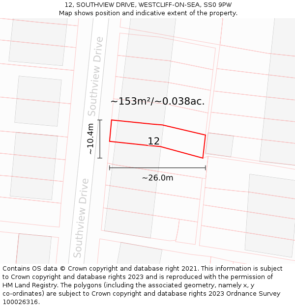 12, SOUTHVIEW DRIVE, WESTCLIFF-ON-SEA, SS0 9PW: Plot and title map
