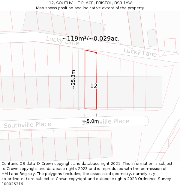12, SOUTHVILLE PLACE, BRISTOL, BS3 1AW: Plot and title map