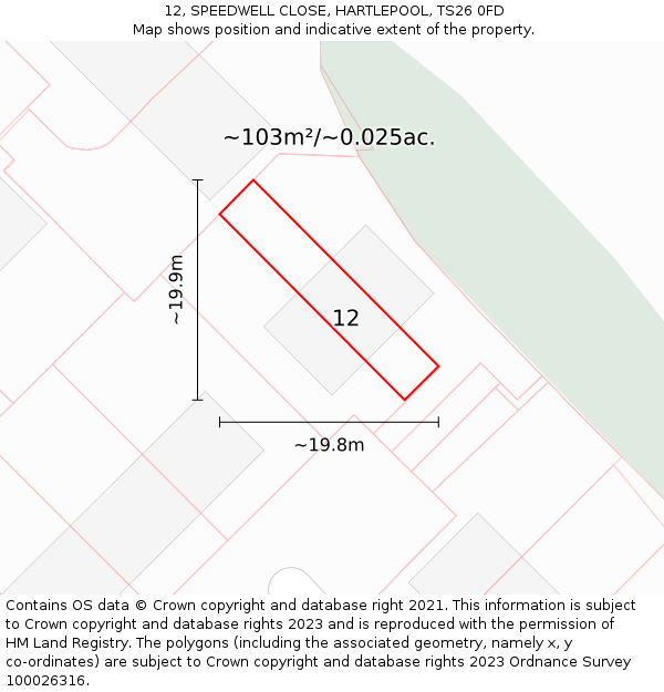 12, SPEEDWELL CLOSE, HARTLEPOOL, TS26 0FD: Plot and title map