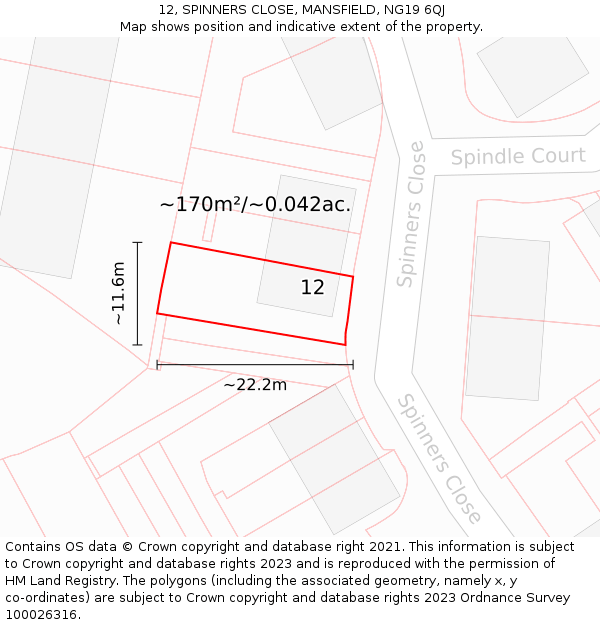 12, SPINNERS CLOSE, MANSFIELD, NG19 6QJ: Plot and title map