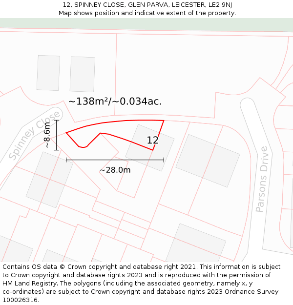12, SPINNEY CLOSE, GLEN PARVA, LEICESTER, LE2 9NJ: Plot and title map