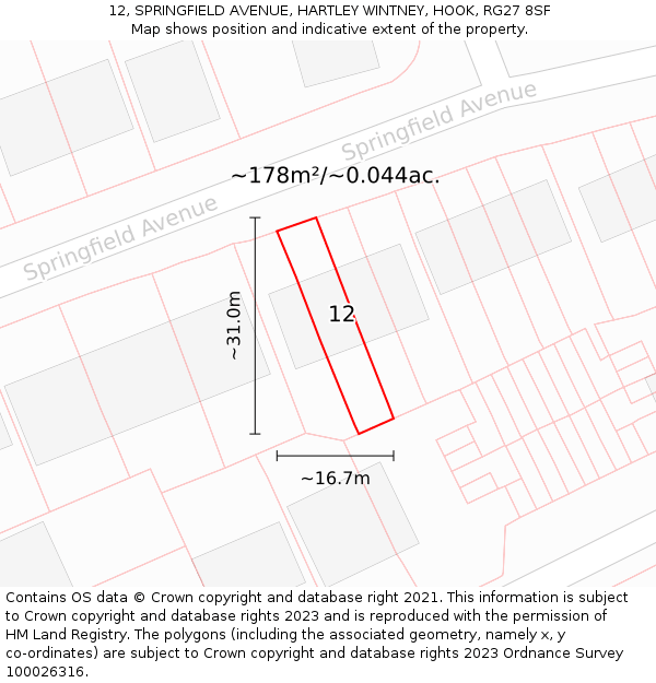 12, SPRINGFIELD AVENUE, HARTLEY WINTNEY, HOOK, RG27 8SF: Plot and title map