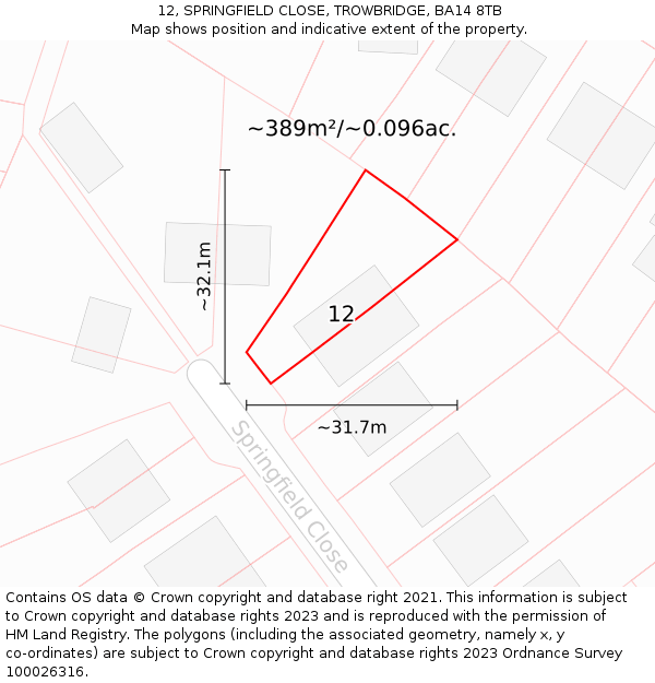 12, SPRINGFIELD CLOSE, TROWBRIDGE, BA14 8TB: Plot and title map