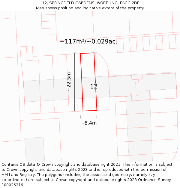 12, SPRINGFIELD GARDENS, WORTHING, BN13 2DF: Plot and title map