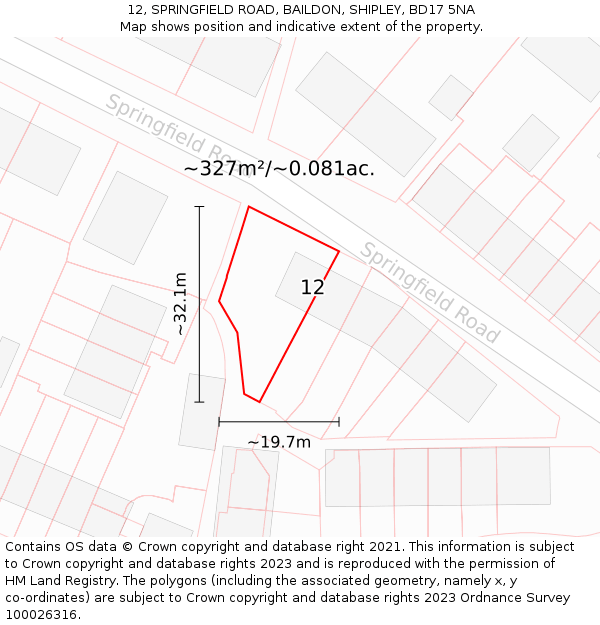 12, SPRINGFIELD ROAD, BAILDON, SHIPLEY, BD17 5NA: Plot and title map
