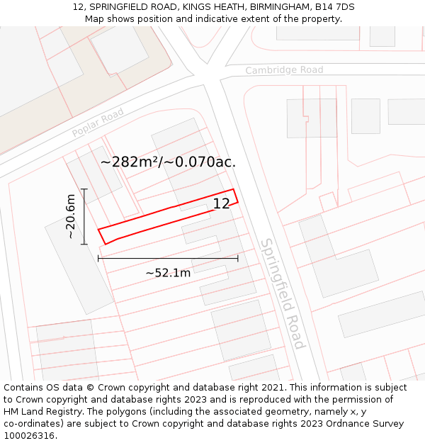 12, SPRINGFIELD ROAD, KINGS HEATH, BIRMINGHAM, B14 7DS: Plot and title map