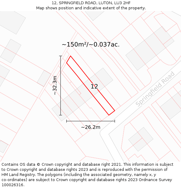 12, SPRINGFIELD ROAD, LUTON, LU3 2HF: Plot and title map