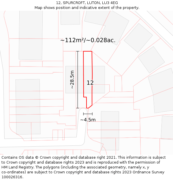 12, SPURCROFT, LUTON, LU3 4EG: Plot and title map