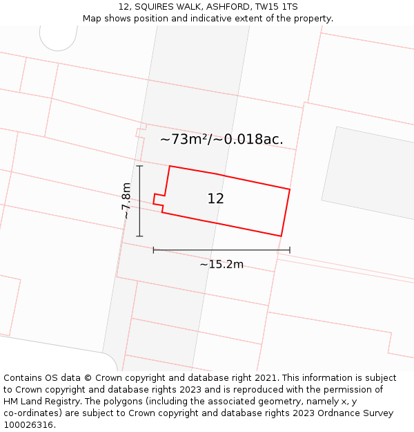 12, SQUIRES WALK, ASHFORD, TW15 1TS: Plot and title map