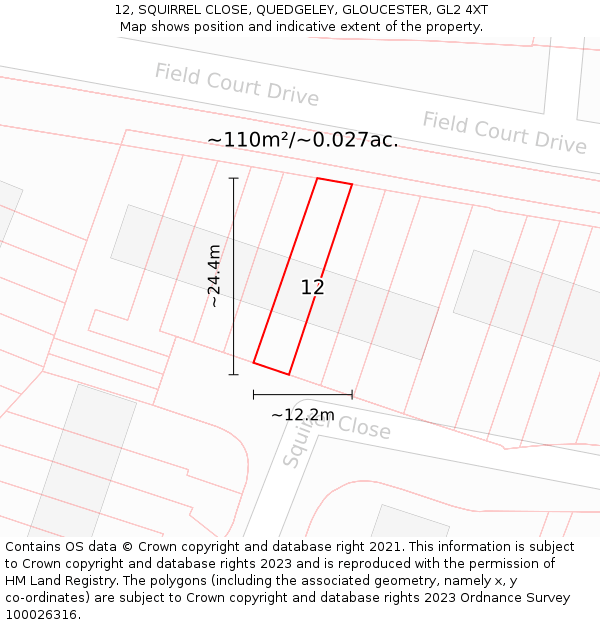 12, SQUIRREL CLOSE, QUEDGELEY, GLOUCESTER, GL2 4XT: Plot and title map