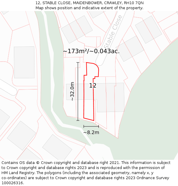 12, STABLE CLOSE, MAIDENBOWER, CRAWLEY, RH10 7QN: Plot and title map