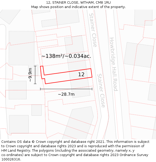 12, STAINER CLOSE, WITHAM, CM8 1RU: Plot and title map