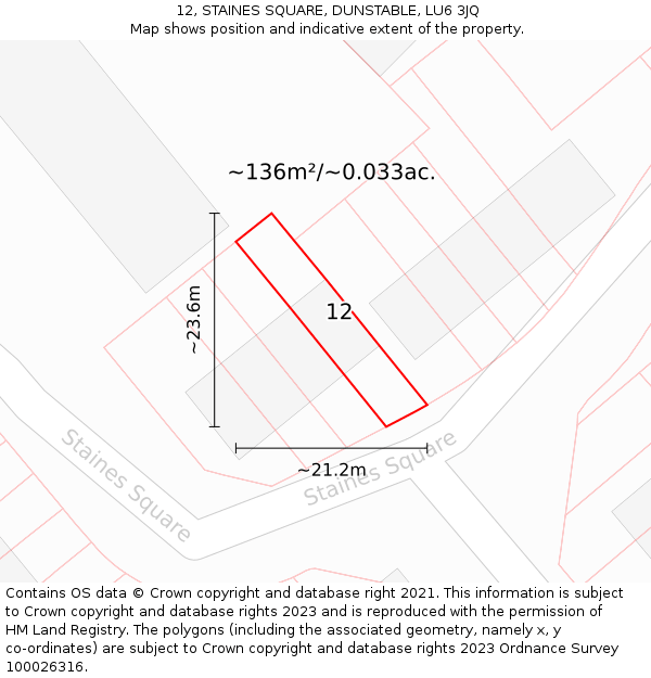 12, STAINES SQUARE, DUNSTABLE, LU6 3JQ: Plot and title map