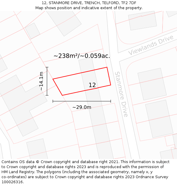 12, STANMORE DRIVE, TRENCH, TELFORD, TF2 7DF: Plot and title map