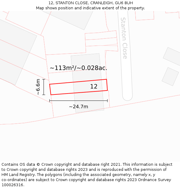 12, STANTON CLOSE, CRANLEIGH, GU6 8UH: Plot and title map