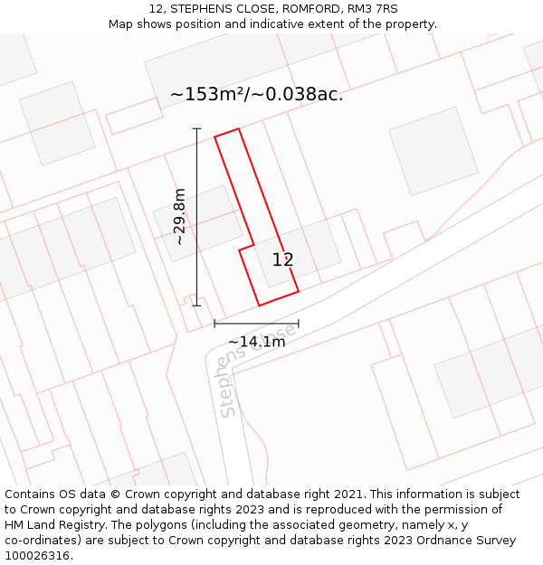 12, STEPHENS CLOSE, ROMFORD, RM3 7RS: Plot and title map