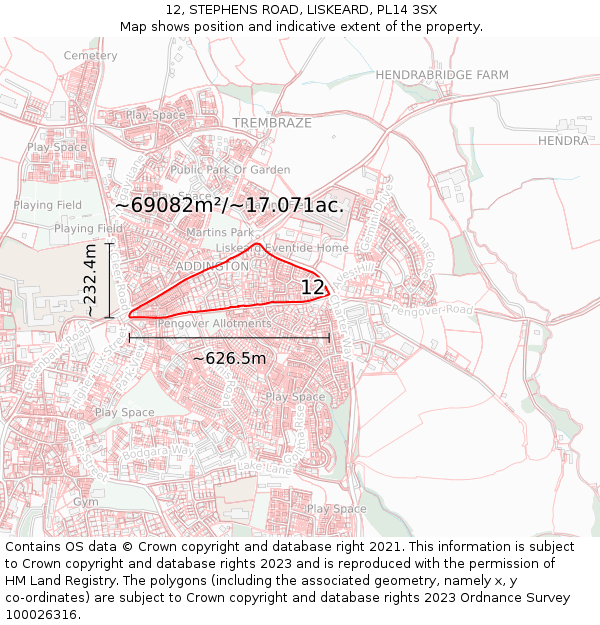 12, STEPHENS ROAD, LISKEARD, PL14 3SX: Plot and title map