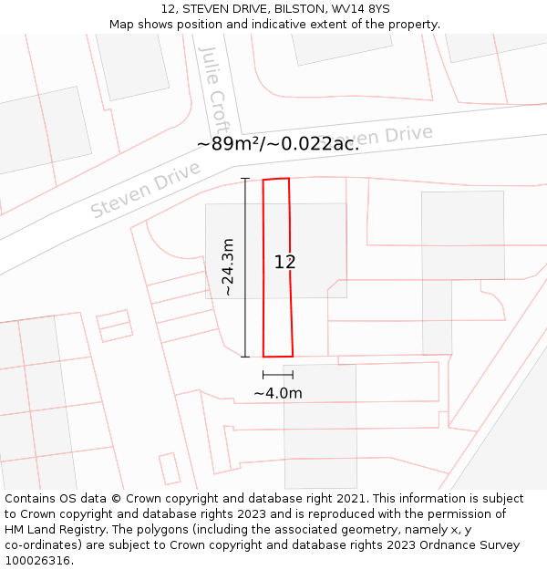 12, STEVEN DRIVE, BILSTON, WV14 8YS: Plot and title map