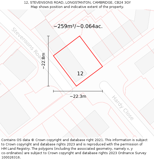 12, STEVENSONS ROAD, LONGSTANTON, CAMBRIDGE, CB24 3GY: Plot and title map