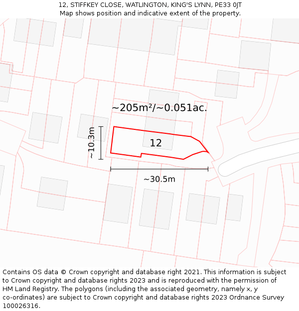12, STIFFKEY CLOSE, WATLINGTON, KING'S LYNN, PE33 0JT: Plot and title map