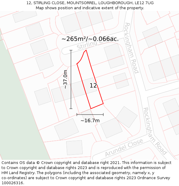 12, STIRLING CLOSE, MOUNTSORREL, LOUGHBOROUGH, LE12 7UG: Plot and title map