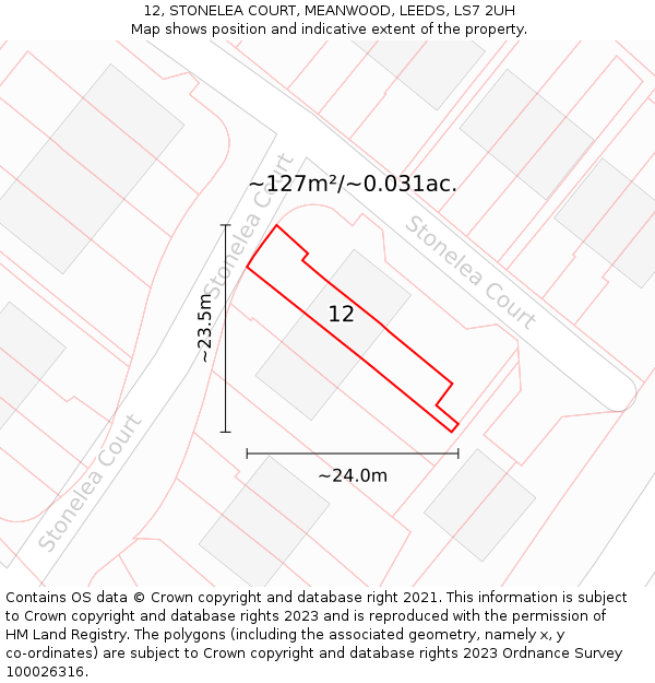 12, STONELEA COURT, MEANWOOD, LEEDS, LS7 2UH: Plot and title map