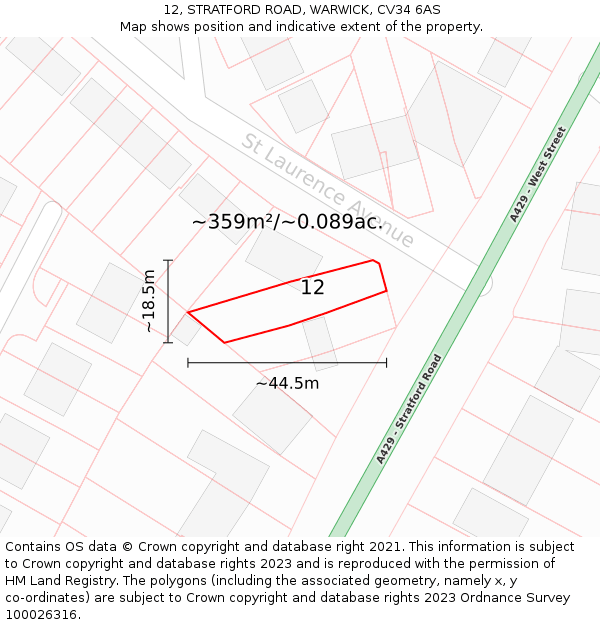 12, STRATFORD ROAD, WARWICK, CV34 6AS: Plot and title map