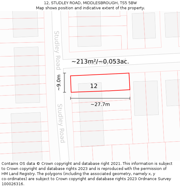 12, STUDLEY ROAD, MIDDLESBROUGH, TS5 5BW: Plot and title map