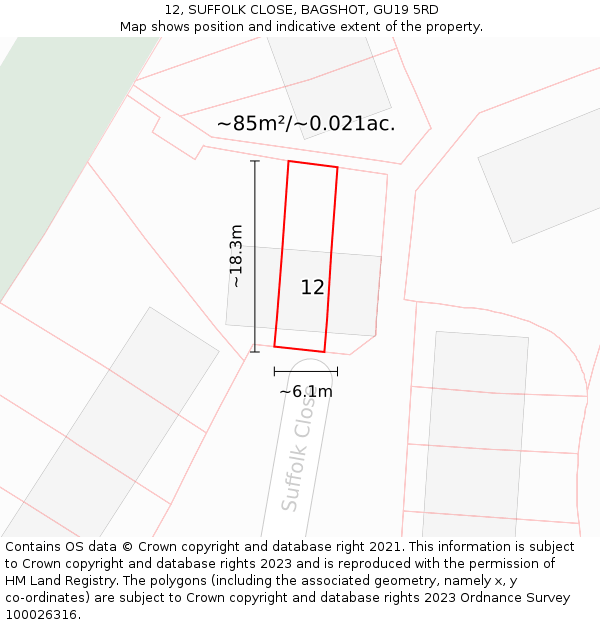 12, SUFFOLK CLOSE, BAGSHOT, GU19 5RD: Plot and title map