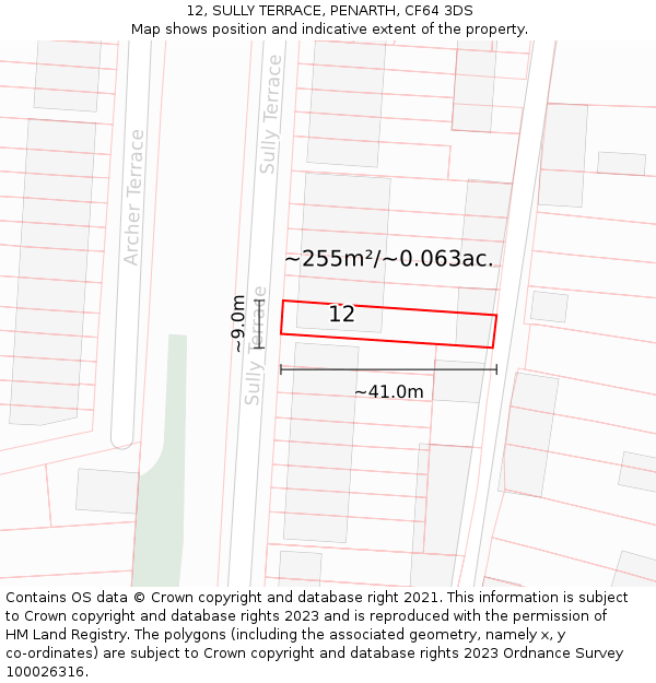 12, SULLY TERRACE, PENARTH, CF64 3DS: Plot and title map