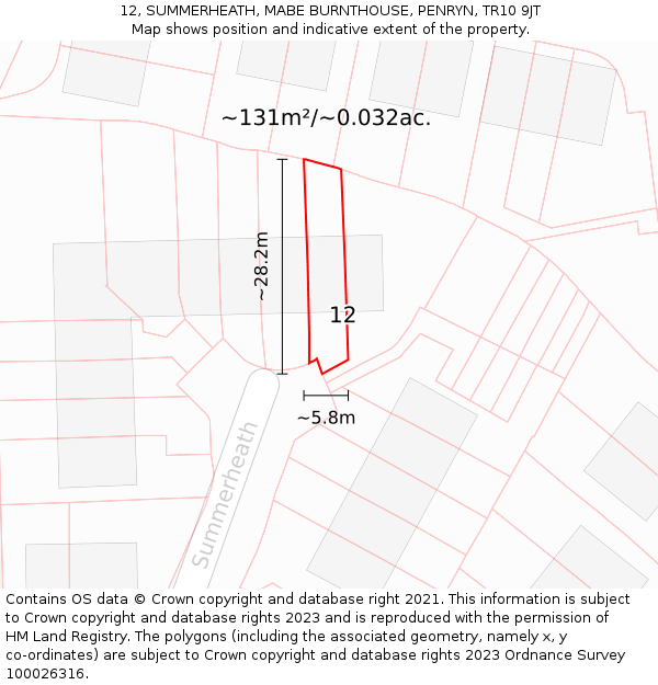 12, SUMMERHEATH, MABE BURNTHOUSE, PENRYN, TR10 9JT: Plot and title map
